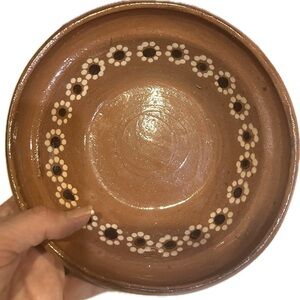 VTG MEXICAN CLAY BOWL BROWN WHITE FLOWER ACCENTS SALSA CERAMIC POZOLE SOUP STEW